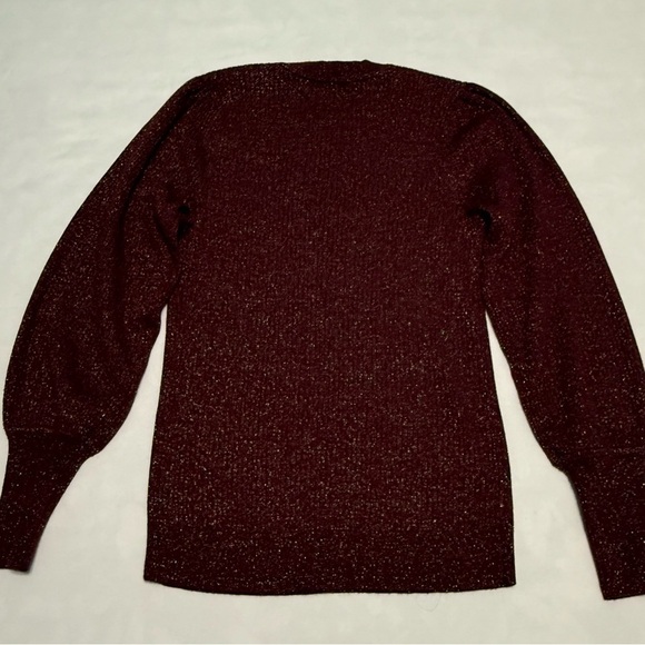 LOFT Burgundy Crewneck Sweater with Puff Sleeves - Picture 2 of 6